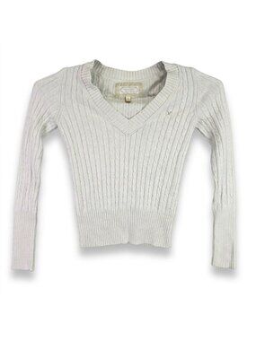 Womens Vintage American Eagle Ivory Cable Knit V-Neck Sweater Fitted Y2K Size M